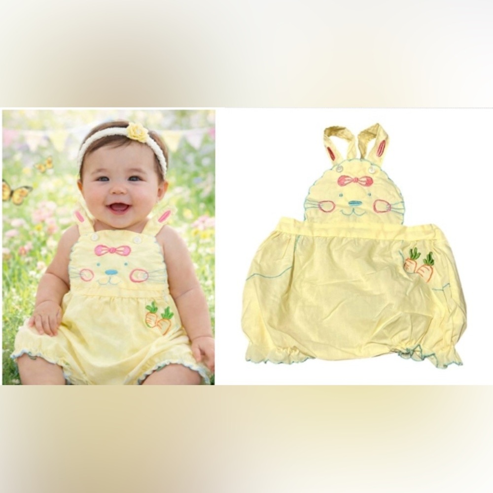 Vintage Baby Easter Bunny Face Romper Yellow Embroidered Carrots Spring 9 months